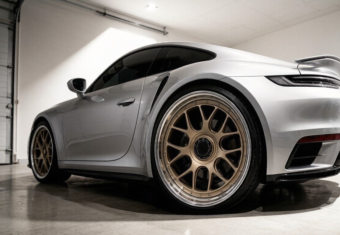 Rear view of the custom forged wheel installed on the vehicle